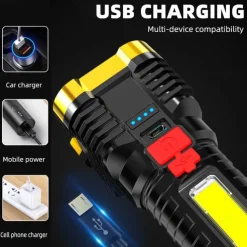 5led Multifunctional Bright Flashlight Outdoor Portable COB Side Light Work Light USB Rechargeable