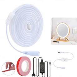 LED Neon Flex Strip Lights 6mm Narrow Neon Light 12V LED Strip Waterproof 5M Cutable DIY Led Neon Light Strip for Indoor Outdoor Home Decoration and DC12V Adapter and Touch Dimmer Switch Kit