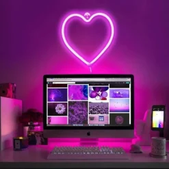 LED Neon Sign Pink Heart Night Light Battery USB Power Supply for Table Wall Decoration Lights Playroom Dormitory Wedding Birthday Party Home Decoration Valentine's Day Mother's Day