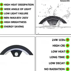 LED Outdoor Wall Lamp 24W with Motion Sensor IP65 Waterproof Light Control Suitable for Bathroom Garage Fence Deck Courtyard AC85-265V