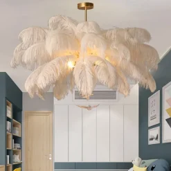 LED Pendant Light Chandelier Gorgeous Extra Large 70cm 6-Light White Ostrich Feather Bouquet Pendant Light Romantic Mounted Lighting Fixture for Restaurant Bedroom
