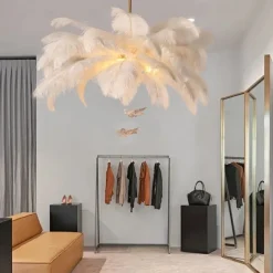 LED Pendant Light Chandelier Gorgeous Extra Large 70cm 6-Light White Ostrich Feather Bouquet Pendant Light Romantic Mounted Lighting Fixture for Restaurant Bedroom