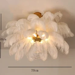 LED Pendant Light Chandelier Gorgeous Extra Large 70cm 6-Light White Ostrich Feather Bouquet Pendant Light Romantic Mounted Lighting Fixture for Restaurant Bedroom