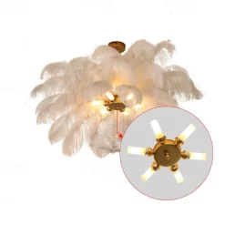 LED Pendant Light Chandelier Gorgeous Extra Large 70cm 6-Light White Ostrich Feather Bouquet Pendant Light Romantic Mounted Lighting Fixture for Restaurant Bedroom