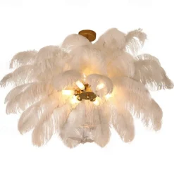 LED Pendant Light Chandelier Gorgeous Extra Large 70cm 6-Light White Ostrich Feather Bouquet Pendant Light Romantic Mounted Lighting Fixture for Restaurant Bedroom