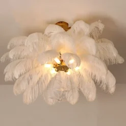 LED Pendant Light Chandelier Gorgeous Extra Large 70cm 6-Light White Ostrich Feather Bouquet Pendant Light Romantic Mounted Lighting Fixture for Restaurant Bedroom