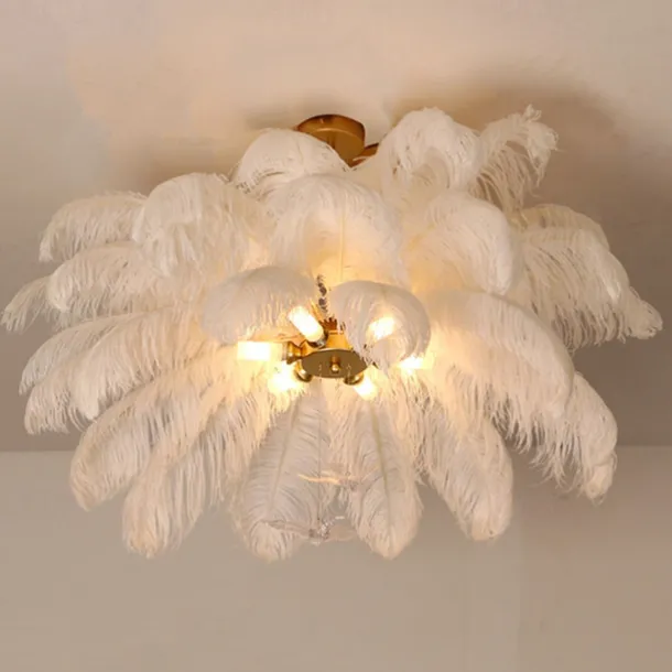LED Pendant Light Chandelier Gorgeous Extra Large 70cm 6-Light White Ostrich Feather Bouquet Pendant Light Romantic Mounted Lighting Fixture for Restaurant Bedroom