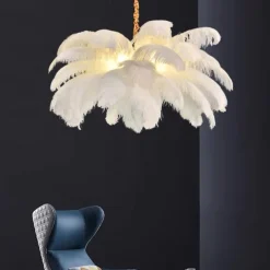 LED Pendant Light Chandelier Gorgeous Extra Large White Ostrich Feather Bouquet Pendant Light Romantic Mounted Lighting Fixture for Restaurant Bedroom