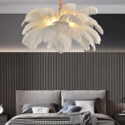 LED Pendant Light Chandelier Gorgeous Extra Large White Ostrich Feather Bouquet Pendant Light Romantic Mounted Lighting Fixture for Restaurant Bedroom