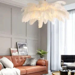 LED Pendant Light Chandelier Gorgeous Extra Large White Ostrich Feather Bouquet Pendant Light Romantic Mounted Lighting Fixture for Restaurant Bedroom