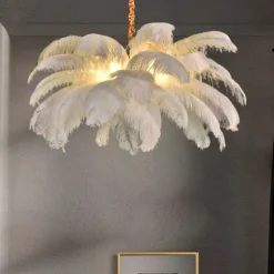 LED Pendant Light Chandelier Gorgeous Extra Large White Ostrich Feather Bouquet Pendant Light Romantic Mounted Lighting Fixture for Restaurant Bedroom