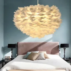 LED Pendant Light Chandelier White Ostrich Feather Bouquet Pendant Light Romantic Mounted Lighting Fixture for Restaurant Bedroom Chain Adjustable 110-240V