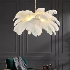 LED Pendant Light Chandelier Gorgeous Extra Large White Ostrich Feather Bouquet Pendant Light Romantic Mounted Lighting Fixture for Restaurant Bedroom
