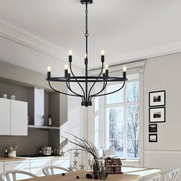 LED Pendant Light 6/9/12-Light Industrial Vintage Large Round Rustic Candle Chandelier for Living Room Bedroom 110-240V
