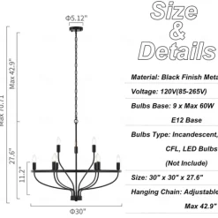LED Pendant Light 6/9/12-Light Industrial Vintage Large Round Rustic Candle Chandelier for Living Room Bedroom 110-240V
