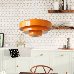 LED Pendant Light Orange Shade Pendant Light Fixture Kitchen Island Hanging Chandelier Light Fixtures Dark Green Bedroom Bedside Adjustable Ceiling Light Hanging Lamp