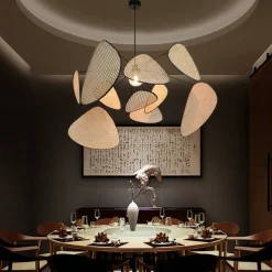 LED Pendant Light Rattan Chandelier Handmade Bamboo Art Hanging Lamp Kitchen Island Pendant Lamp, Creative Leaf Grid Rural Garden Rattan Lamp Simple Lighting