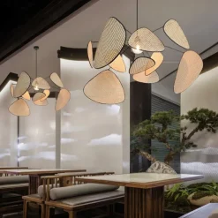 LED Pendant Light Rattan Chandelier Handmade Bamboo Art Hanging Lamp Kitchen Island Pendant Lamp, Creative Leaf Grid Rural Garden Rattan Lamp Simple Lighting