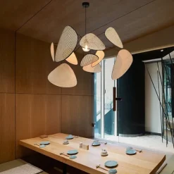 LED Pendant Light Rattan Chandelier Handmade Bamboo Art Hanging Lamp Kitchen Island Pendant Lamp, Creative Leaf Grid Rural Garden Rattan Lamp Simple Lighting