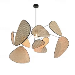 LED Pendant Light Rattan Chandelier Handmade Bamboo Art Hanging Lamp Kitchen Island Pendant Lamp, Creative Leaf Grid Rural Garden Rattan Lamp Simple Lighting