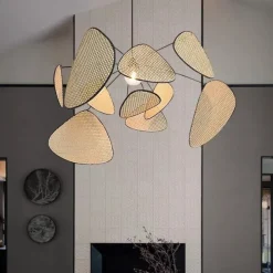 LED Pendant Light Rattan Chandelier Handmade Bamboo Art Hanging Lamp Kitchen Island Pendant Lamp, Creative Leaf Grid Rural Garden Rattan Lamp Simple Lighting