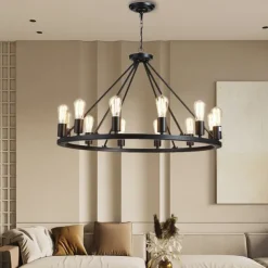 LED Pendant Light Vintage Painted Metal Chandelier Lighting, with 6/8/10/12 Lights, Rustic Vintage Farmhouse Chandelier Lighting, Carriage Wheel Pendant, Black