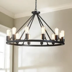LED Pendant Light Vintage Painted Metal Chandelier Lighting, with 6/8/10/12 Lights, Rustic Vintage Farmhouse Chandelier Lighting, Carriage Wheel Pendant, Black