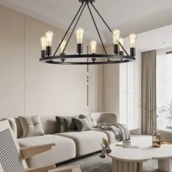 LED Pendant Light Vintage Painted Metal Chandelier Lighting, with 6/8/10/12 Lights, Rustic Vintage Farmhouse Chandelier Lighting, Carriage Wheel Pendant, Black