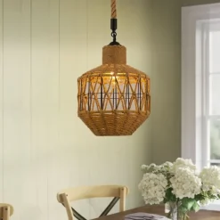 LED Pendant Light Woven Chandelier lighting Basket Lamp Shade Light Fixtures Ceiling Light Hanging for Patio Hallway Kitchen Island Bedroom Dining Room