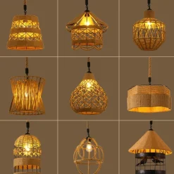 LED Pendant Light Woven Chandelier lighting Basket Lamp Shade Light Fixtures Ceiling Light Hanging for Patio Hallway Kitchen Island Bedroom Dining Room