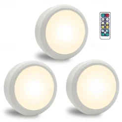 LED Puck Light 3pcs Under Cabinet Night Light Infrared Remote Control Bedside Corridor Lighting Pat Ice Hockey Lamp AA Battery Powered