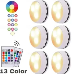 LED Puck Light 3/6pcs Under-Cabinet Light 13 Colors LED Spotlight Infrared RGB Touch Cabinet Ambient Dimming Night Light Pat Hockey Light Timer with Remote Control