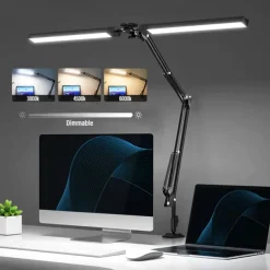 LED Reading Desk Lamp 24W Folding Swing Arm Desk Lamp with Clamp Dimmable Suitable for Workbench Home Eye Care Office Study Shustar