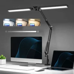 LED Reading Desk Lamp 24W Folding Swing Arm Desk Lamp with Clamp Dimmable Suitable for Workbench Home Eye Care Office Study Shustar