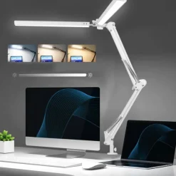 LED Reading Desk Lamp 24W Folding Swing Arm Desk Lamp with Clamp Dimmable Suitable for Workbench Home Eye Care Office Study Shustar