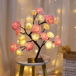 LED Rose Flower Table Lamp Valentine Tree Fairy Lights 24LED Rose Flower Tree Lights Valentine's Day USB Table Lamp Fairy Maple Leaf Night Light Home Party Christmas Wedding Bedroom Decoration Gift