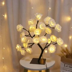 LED Rose Flower Table Lamp Valentine Tree Fairy Lights 24LED Rose Flower Tree Lights Valentine's Day USB Table Lamp Fairy Maple Leaf Night Light Home Party Christmas Wedding Bedroom Decoration Gift