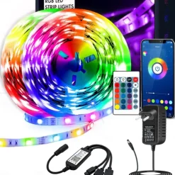 LED Strip Light Kit 16.4-65.6 ft Intelligent Bluetooth APP Controlled RGB Music Synchronized Color Changing with Timed DIY Bedroom Decoration for Holiday Party Bedroom Children's Room Decoration