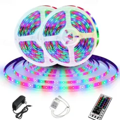 LED Strip Lights (2x5M)10M 32.8ft 2835 RGB 600LEDs 8mm Strips Lighting Flexible Color Changing with 44 Key IR Remote Ideal for Home Kitchen Christmas TV Back Lights DC 12V