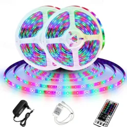LED Strip Lights (2x5M)10M 32.8ft 2835 RGB 600LEDs 8mm Strips Lighting Flexible Color Changing with 44 Key IR Remote Ideal for Home Kitchen Christmas TV Back Lights DC 12V