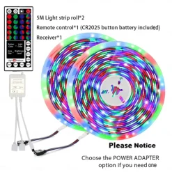 LED Strip Lights (2x5M)10M 32.8ft 2835 RGB 600LEDs 8mm Strips Lighting Flexible Color Changing with 44 Key IR Remote Ideal for Home Kitchen Christmas TV Back Lights DC 12V