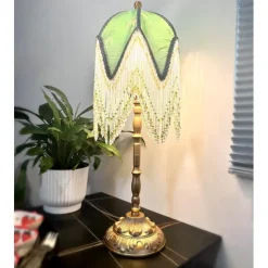 LED Table Lamp 3-Color Light Source Tassel Retro Fabric Bedside Lamp Premium Classic Victorian Style Nightstand Lamp with Beaded Fringe Trim for Bedroom Study 110-240V