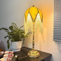LED Table Lamp 3-Color Light Source Tassel Retro Fabric Bedside Lamp Premium Classic Victorian Style Nightstand Lamp with Beaded Fringe Trim for Bedroom Study 110-240V