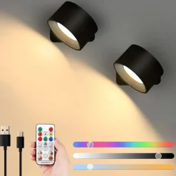 LED Wall Lights 2 Pcs with Remote, Sensor Puck Lamp 3000mAh Rechargeable Battery Operated, Tri-Color Dimmable Magnetic 360° Rotation Cordless Light for Bedroom Bedside