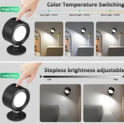 LED Wall Lights 2 Pcs with Remote, Sensor Puck Lamp 3000mAh Rechargeable Battery Operated, Tri-Color Dimmable Magnetic 360° Rotation Cordless Light for Bedroom Bedside