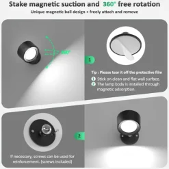 LED Wall Lights 2 Pcs with Remote, Sensor Puck Lamp 3000mAh Rechargeable Battery Operated, Tri-Color Dimmable Magnetic 360° Rotation Cordless Light for Bedroom Bedside