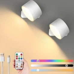 LED Wall Lights 2 Pcs with Remote, Sensor Puck Lamp 3000mAh Rechargeable Battery Operated, Tri-Color Dimmable Magnetic 360° Rotation Cordless Light for Bedroom Bedside