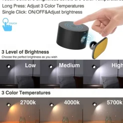 LED Wall Mounted Reading Lights Wall Sconces with 3 Color Temperatures & 3 Brightness Levels Rechargeable Battery Magnetic Ball 360Rotation Touch Control Lamps for Kids Study Bedside Closet