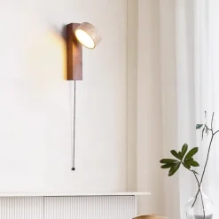 LED Wall Sconce Warm White Japanese Style Yellow Travertine Indoor Light with Pull Cord Switch Creative Wind Lamp Shade for Guesthouse Bedroom Living Room 110-240V