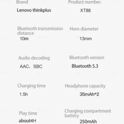 Lenovo XT88 True Wireless Headphones TWS Earbuds Bluetooth 5.3 Ergonomic Design Deep Bass in Ear for Apple Samsung Huawei Xiaomi MI Running Everyday Use Traveling Mobile Phone Car Motorcycle Truck